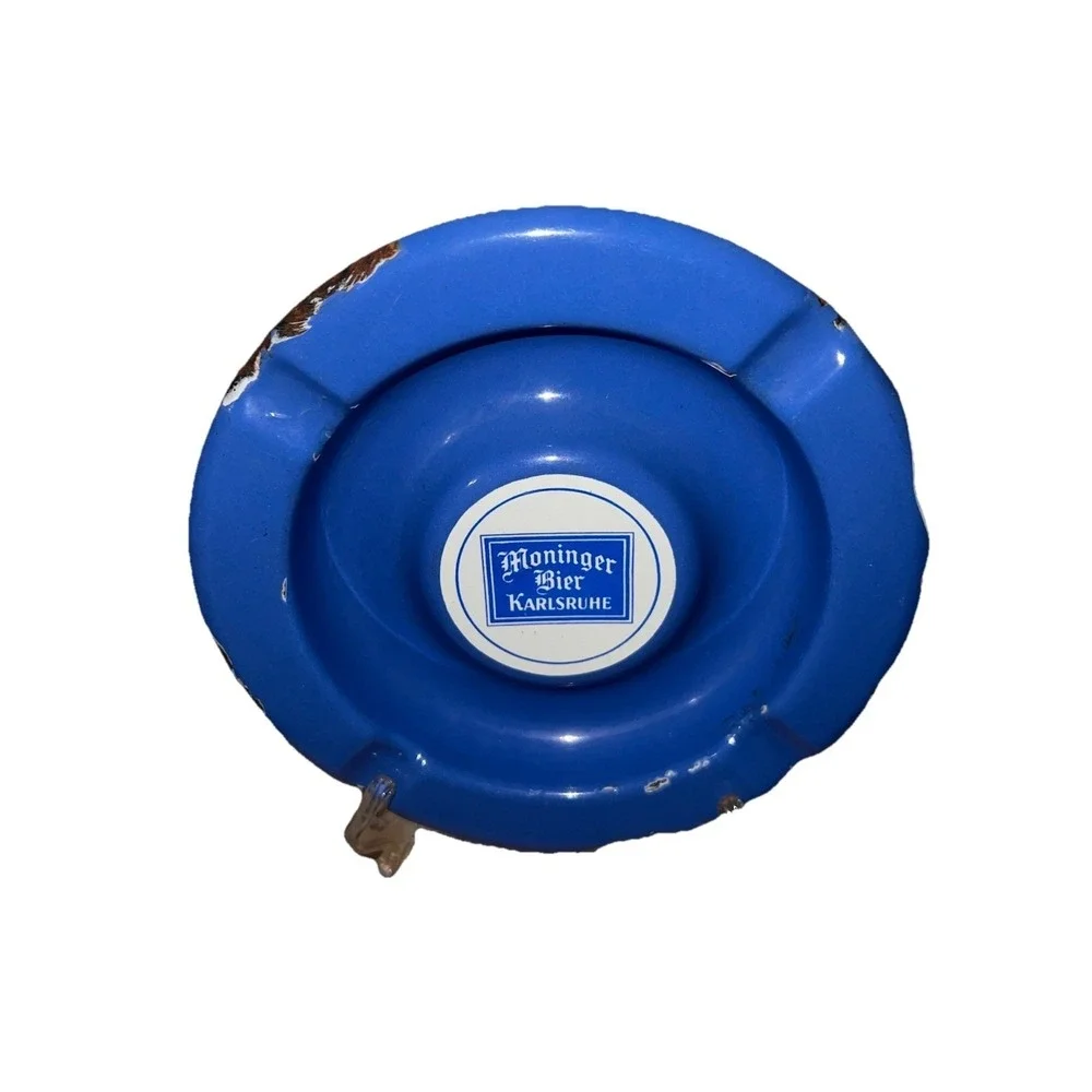 Vintage Moninger Bier Karlsruhe Blue Enamel Advertising Ashtray German Brewery